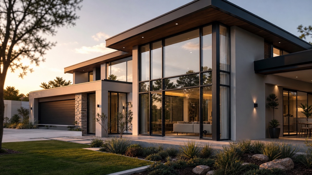 Modern home exterior with large aluminium windows at golden hour