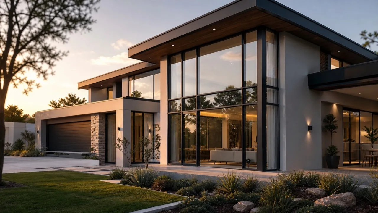 Modern home exterior with large aluminium windows at golden hour
