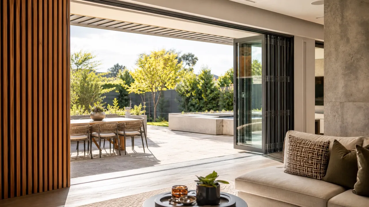 Aluminium stacking glass doors open onto a sunlit patio