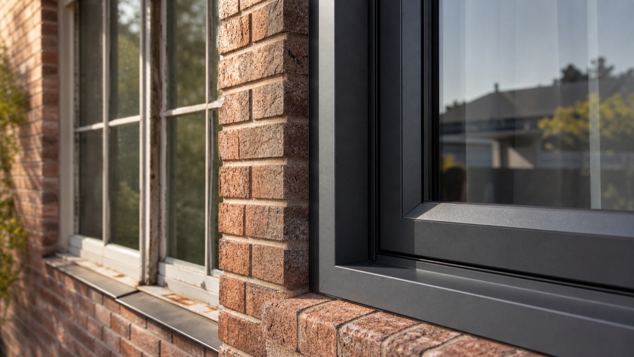 Modern charcoal aluminium window frame on a face-brick home