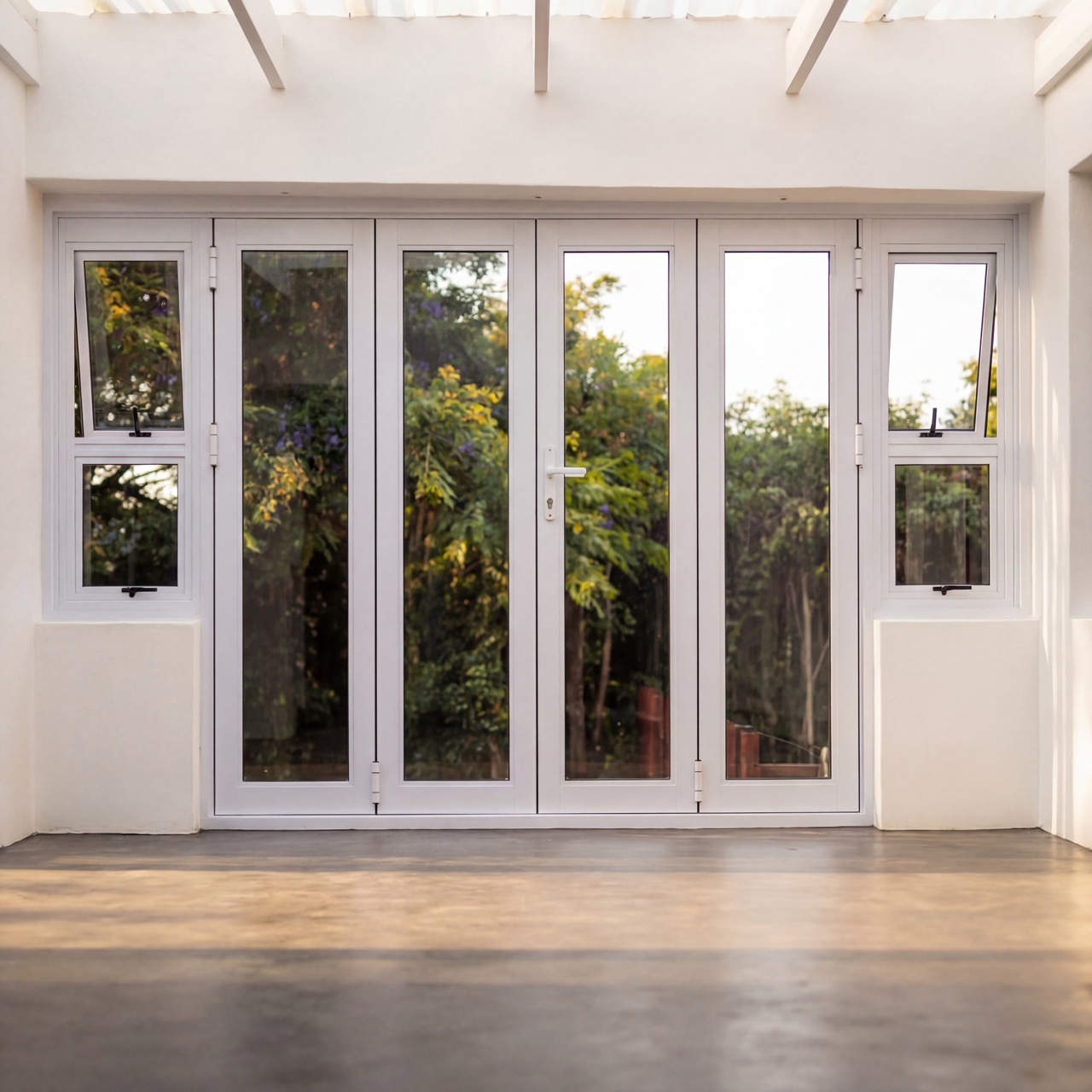 White folding door opening onto a patio
