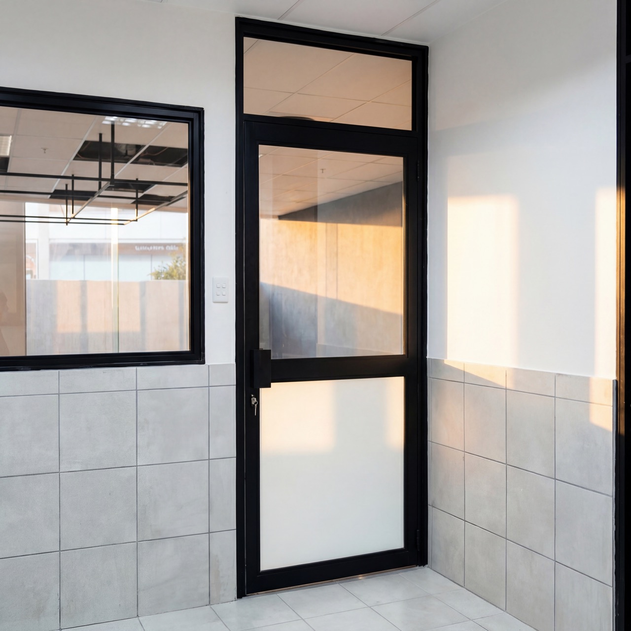 Interior black-framed glass door installation