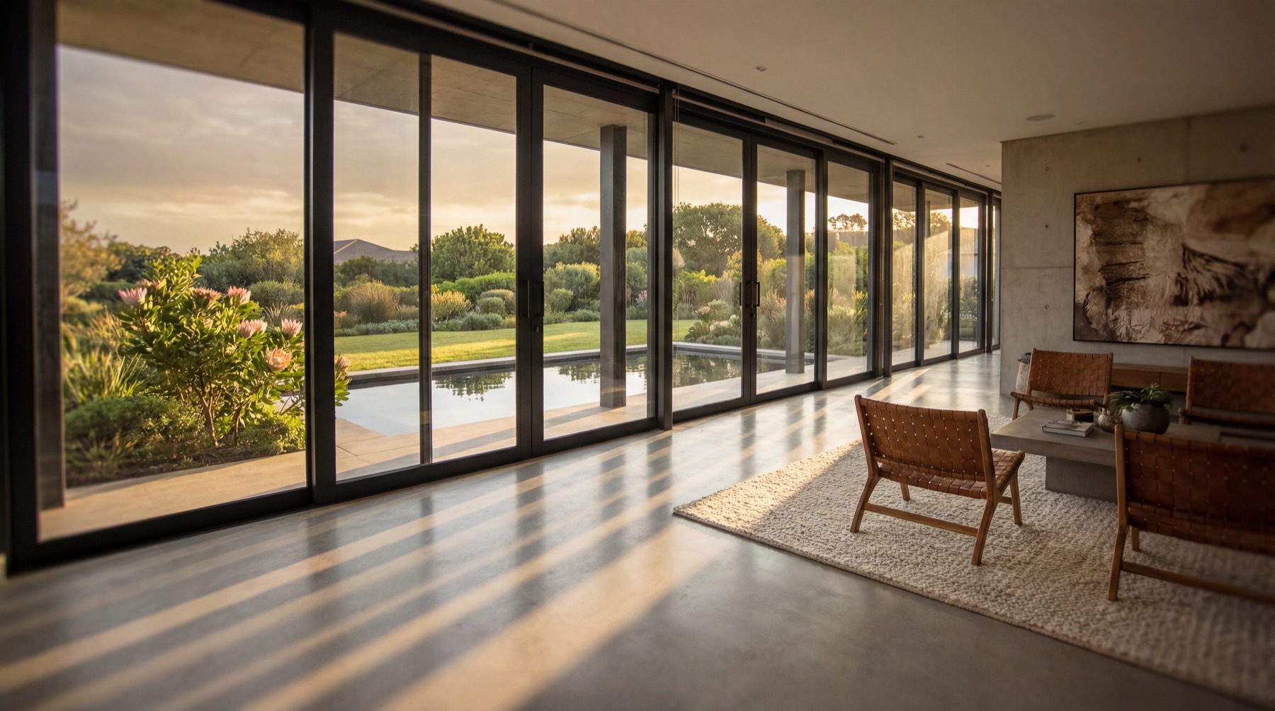 Modern aluminium doors and glazing at golden hour
